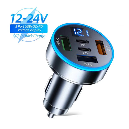 Prime Deal Zone 250W 5-port USB-C car charger with fast charging PD QC3.0, designed for iPhone and other devices in car.
