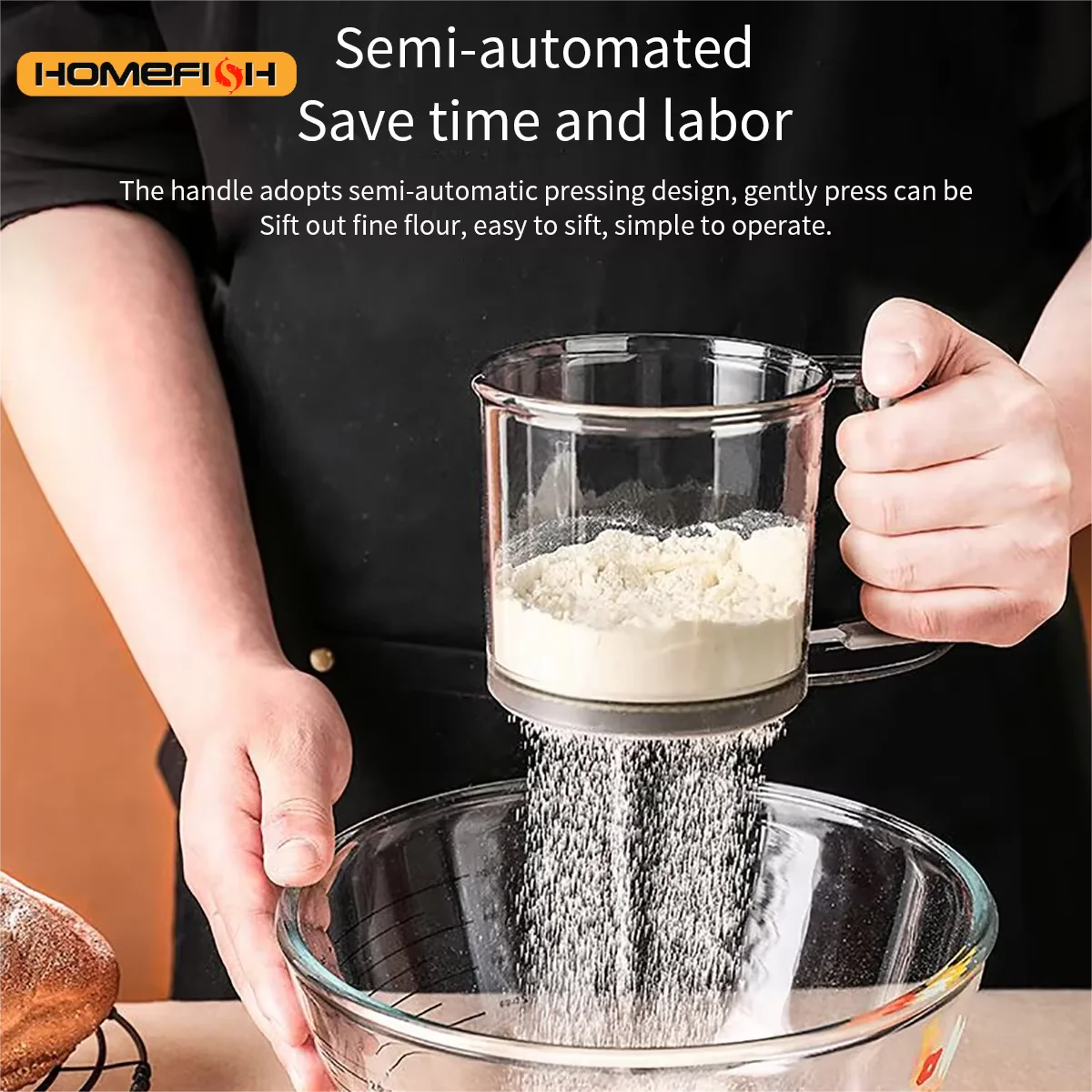 Prime Deal Zone HOMEFISH cake flour sieve with 40 mesh semi-automatic filter, capacity scale, for baking and flour sifting.