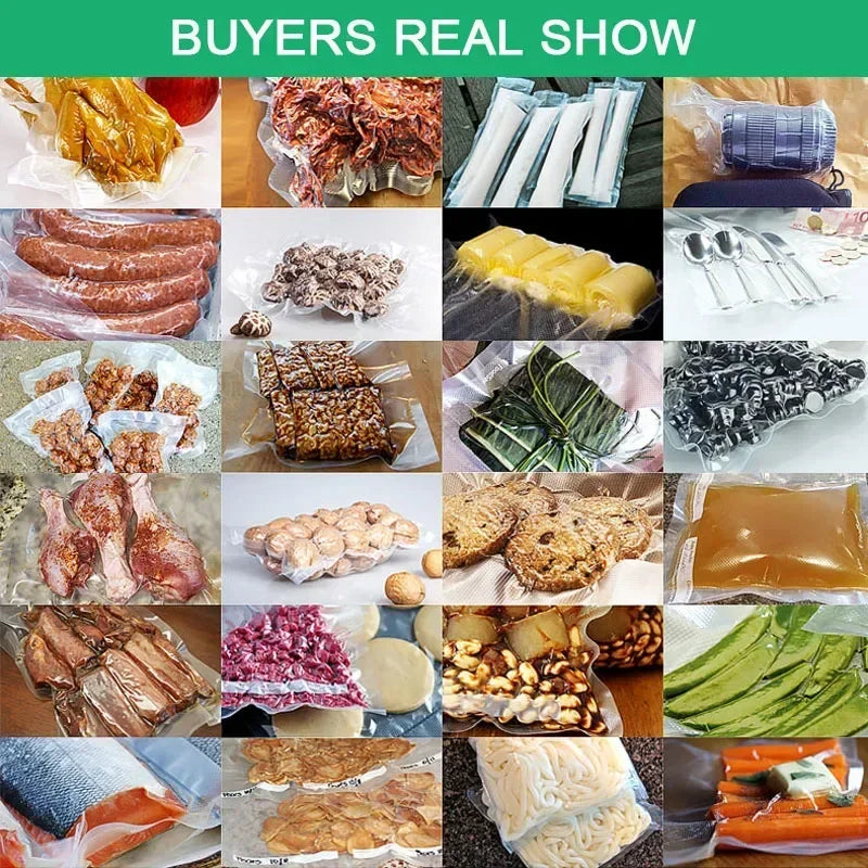 Prime Deal Zone food vacuum storage bags for sealer, ideal for meat, fruits, vegetables, and sous vide cooking, available in various sizes.
