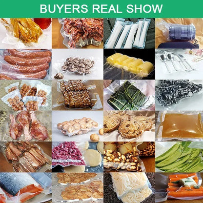 Prime Deal Zone food vacuum storage bags for sealer, ideal for meat, fruits, vegetables, and sous vide cooking, available in various sizes.