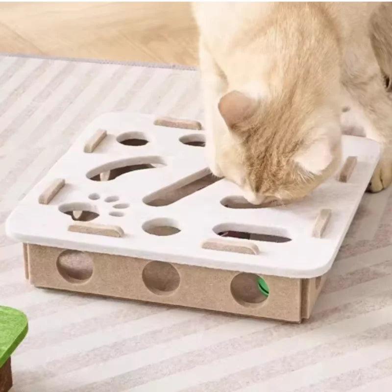 Prime Deal Zone felt cat puzzle maze with holes, bell ball, and interactive kitten toys for playful feline entertainment.