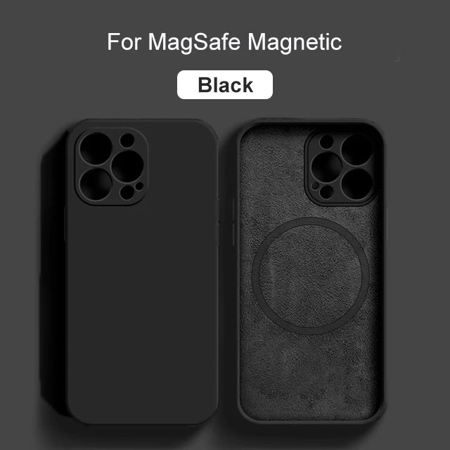 Liquid silicone MagSafe magnetic case for iPhone 15, 14, 13, 12, 11, XR, XS, 8 Plus; wireless charge compatible.