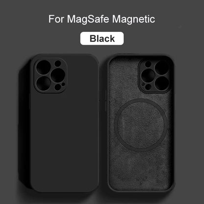 Liquid silicone MagSafe magnetic case for iPhone 15, 14, 13, 12, 11, XR, XS, 8 Plus; wireless charge compatible.