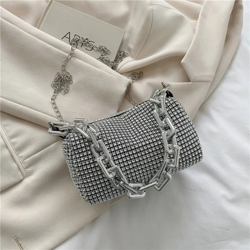 HOMEFISH allover nestone bucket bag with glitter chain, mini crossbody purse for women, stylish and compact accessory.