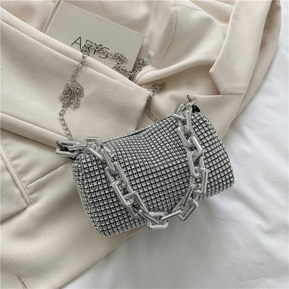 HOMEFISH allover nestone bucket bag with glitter chain, mini crossbody purse for women, stylish and compact accessory.