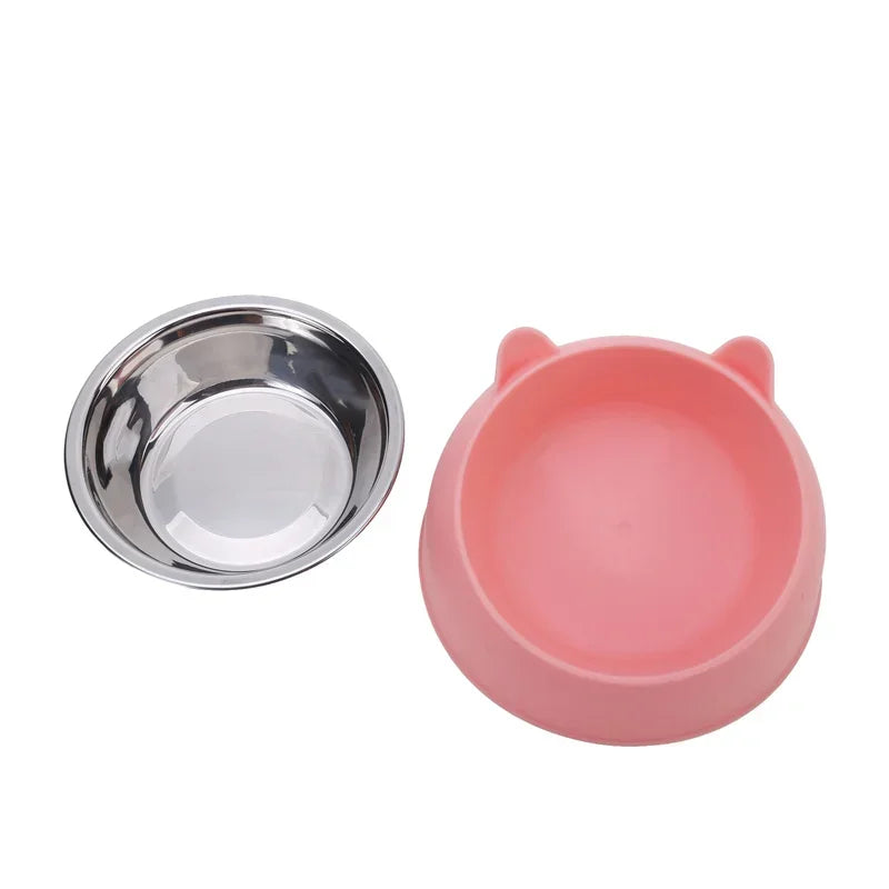 Stainless steel cat and dog feeding bowl with inclined design for easy eating, suitable for kittens, puppies, and pets.
