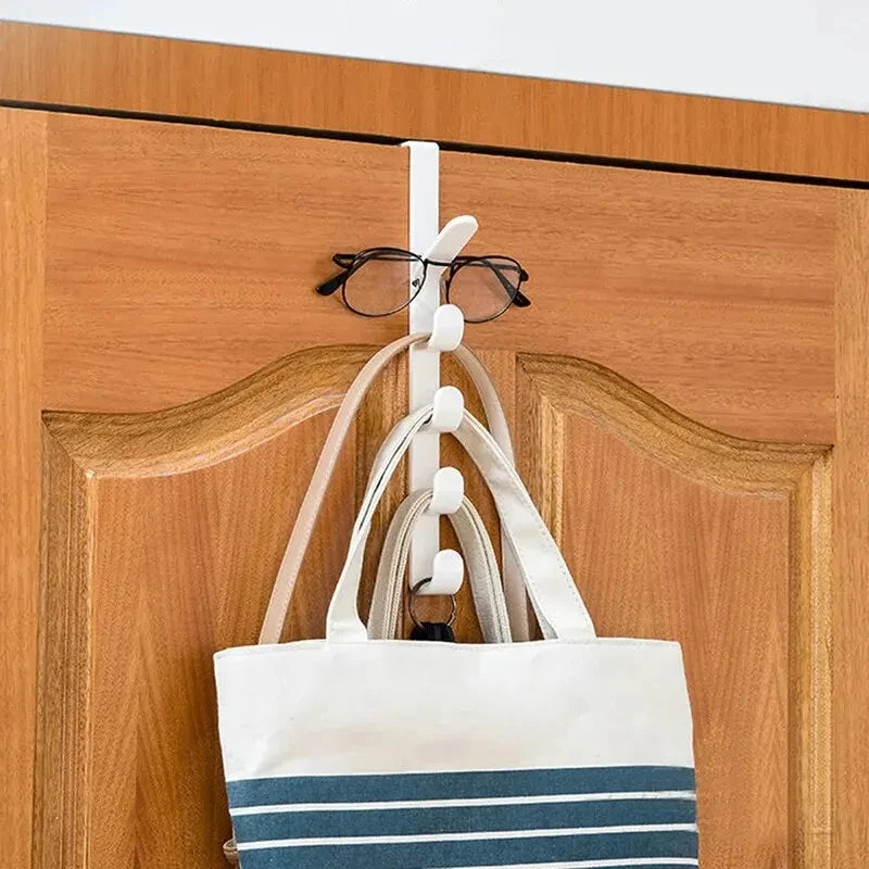 Prime Deal Zone plastic bedroom door hanger rack with hooks for hanging clothes, purses, and bags over the door.
