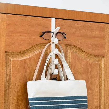 Prime Deal Zone plastic bedroom door hanger rack with hooks for hanging clothes, purses, and bags over the door.