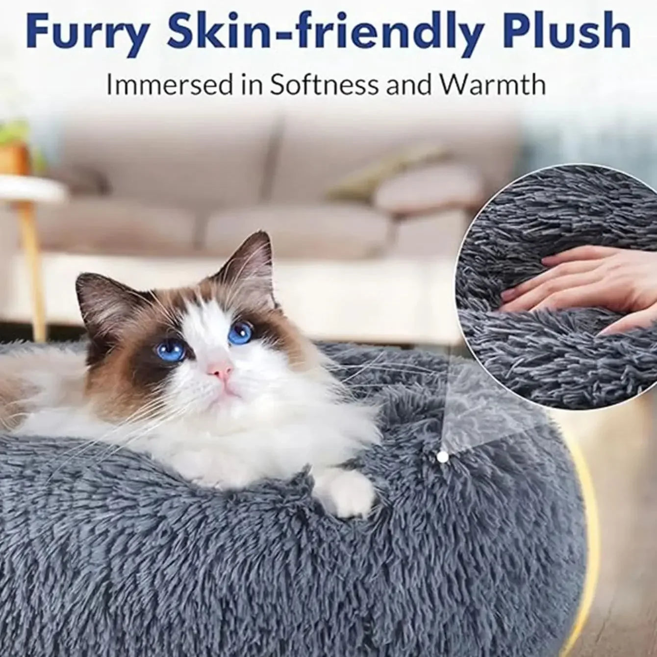 Round plush pet bed in six sizes, ideal for large dogs and cats, offering warm, comfortable winter sleeping with a soft interior.