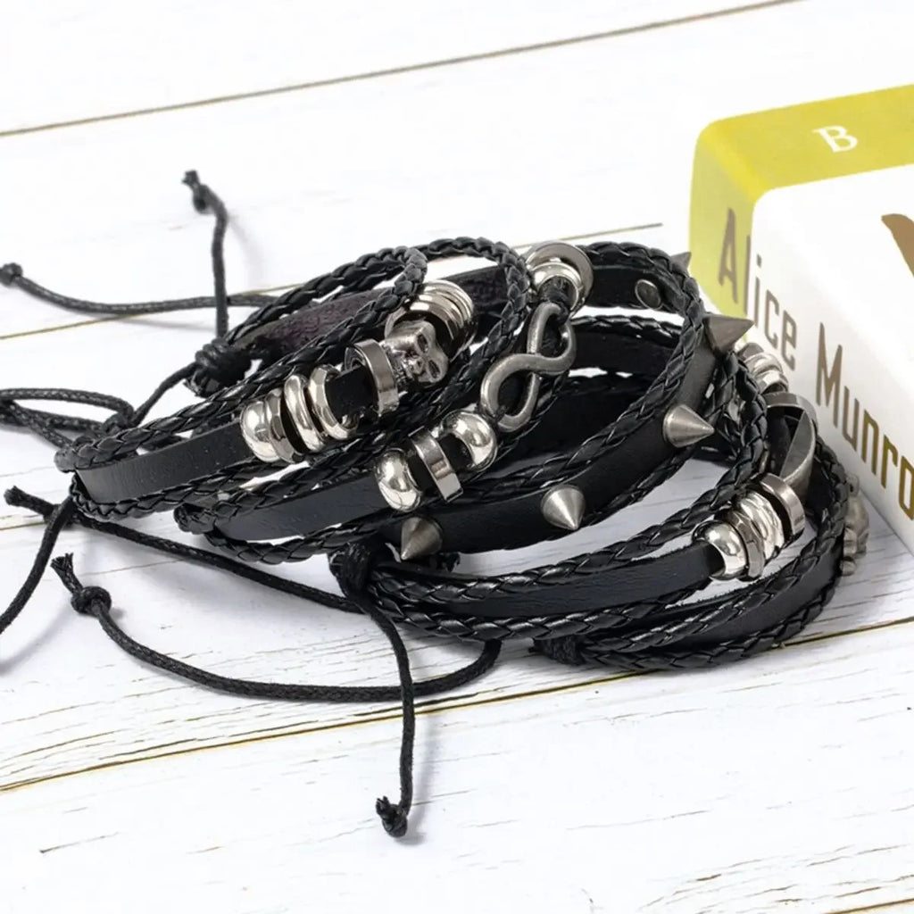 5-piece braided punk bracelet set, PU leather and beads - view 9