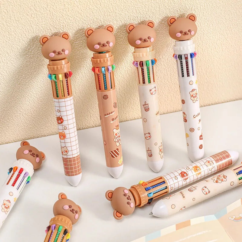 Cute bear cartoon ballpoint pen with 10 bright colors, ideal for students and office use, featuring playful bear design.