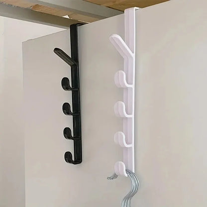 Plastic over-the-door clothes hanger rack with hooks for purses and bags, ideal for bedroom door storage organization