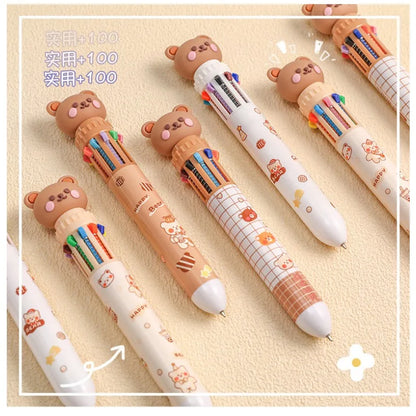 Prime Deal Zone 10-color bear cartoon ballpoint pen with cute bear design, multi-color ink, ideal for students and office use.
