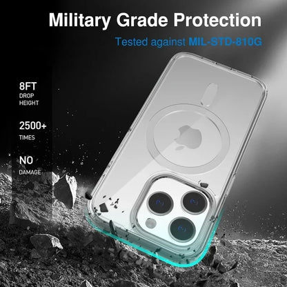 Transparent silicone magnetic case for iPhone 11 to 17 Pro Max, featuring a clear design and built-in MagSafe compatibility.