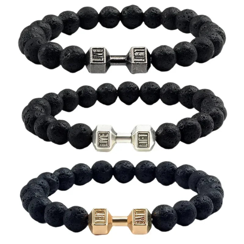 natural lava stone and alloy dumbbell bead bracelet - view 1