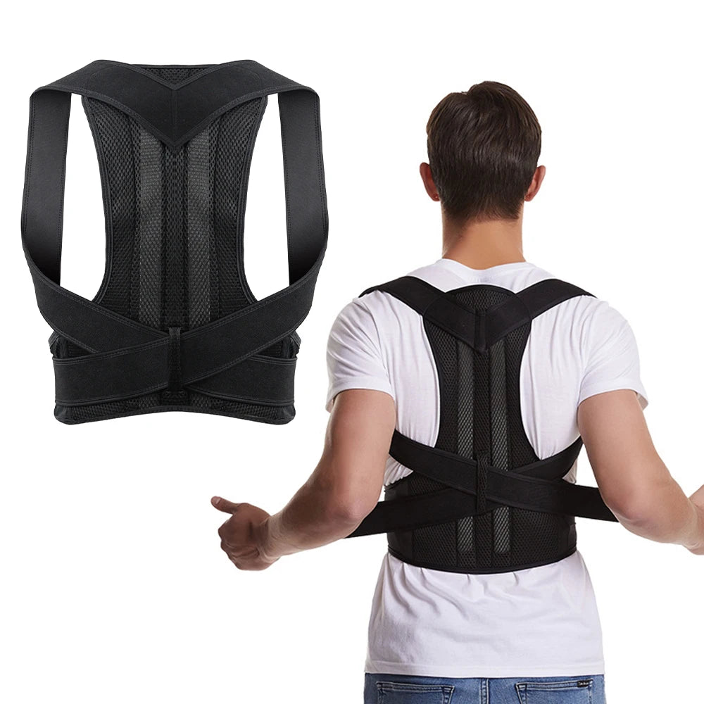 Adjustable back posture corrector brace for men and women, providing spine support and improving posture.