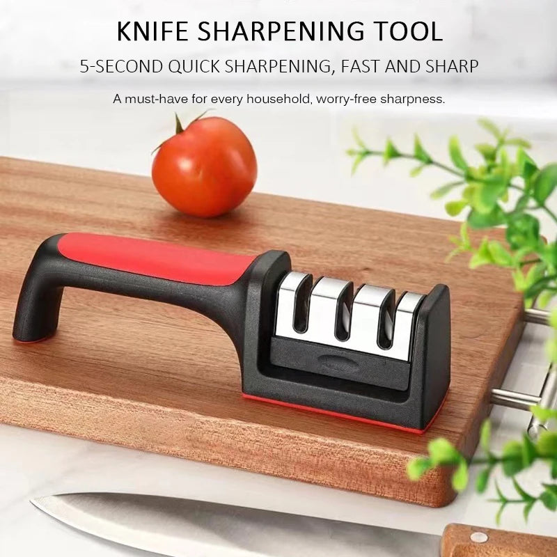 Prime Deal Zone handheld kitchen knife sharpener with black multi-purpose sharpening stone and 3/4-segment design for household use