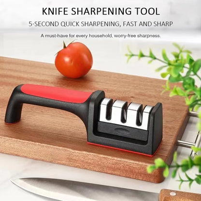 Prime Deal Zone handheld kitchen knife sharpener with black multi-purpose sharpening stone and 3/4-segment design for household use