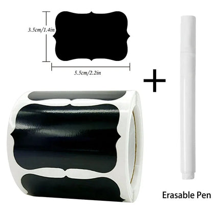 Set of 120 removable blackboard stickers with erasable pen, waterproof chalkboard labels in three styles, 1.4x2.2 inches for home and kitchen.