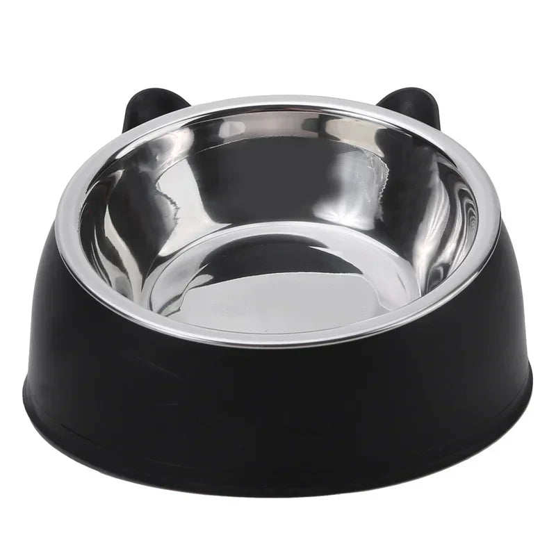 Stainless steel cat and dog feeding bowl with inclined design for easy eating, suitable for kittens, puppies, and small pets.
