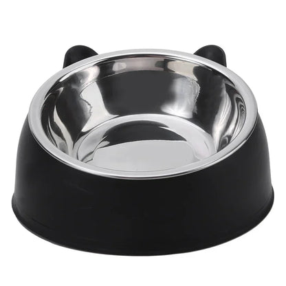 Stainless steel cat and dog feeding bowl with inclined design for easy eating, suitable for kittens, puppies, and small pets.