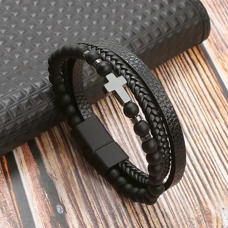 Men’s Multi-Layer Woven Leather Bracelet — Casual Fashion