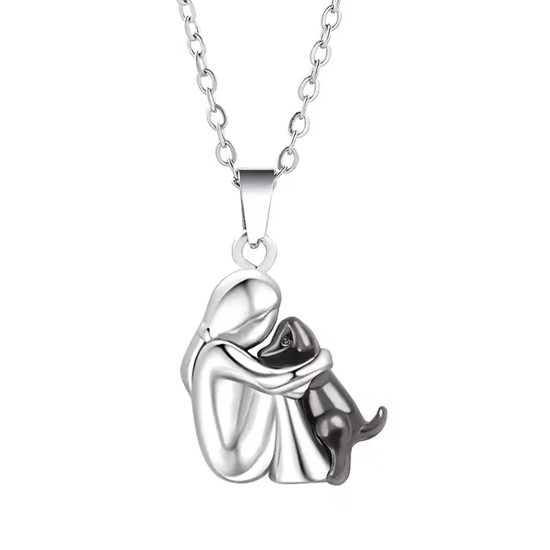 Cute girl and dog pendant necklace featuring animal puppy charms, ideal birthday jewelry gift for women and pet lovers.