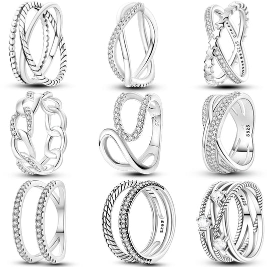 Qikaola 925 Sterling Silver Sparkling Zircon Star & X Rings for Women | Minimalist Geometric Wedding & Engagement Jewelry Gift