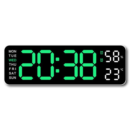Large digital wall clock by Prime Deal Zone displaying temperature, humidity, week, and adjustable brightness with LED display.