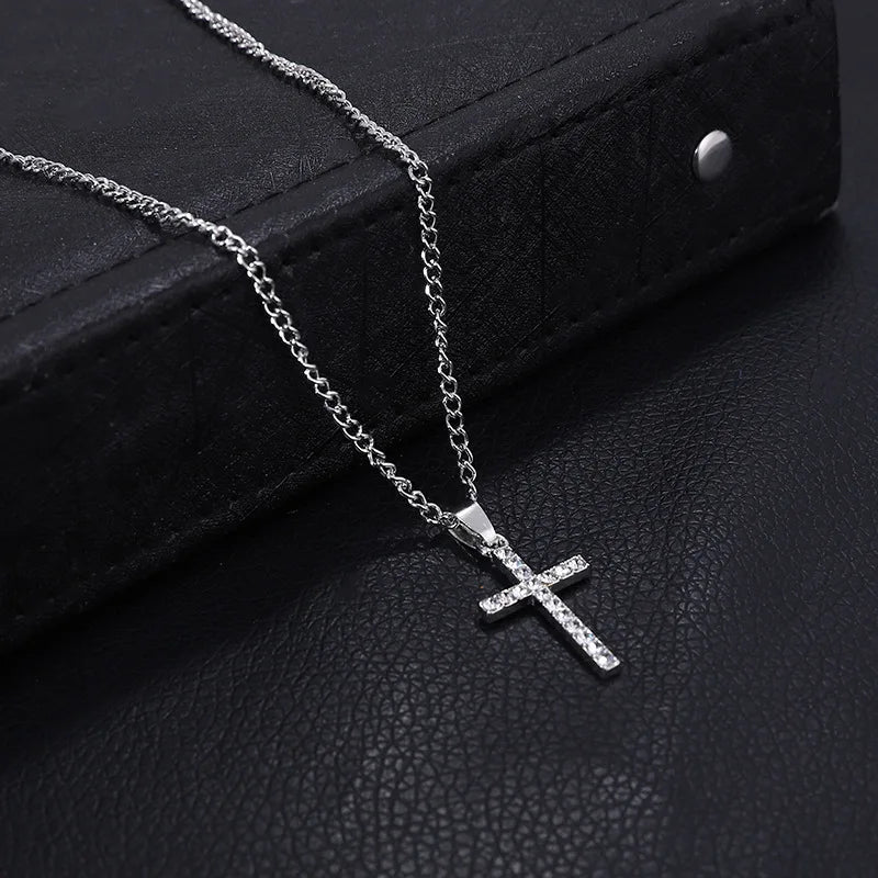 zircon cross pendant necklace, unisex hip hop chain - view 2
