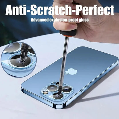 Set of four Prime Deal Zone HD back camera glass protectors for iPhone 13, 11, 12, 14, 15 Pro Max lens protection, clear and durable.