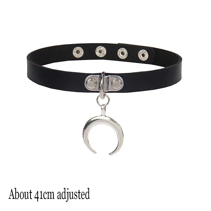 Black PU Leather Punk Choker Collar Necklace — Rivet Detail, Gothic Style
