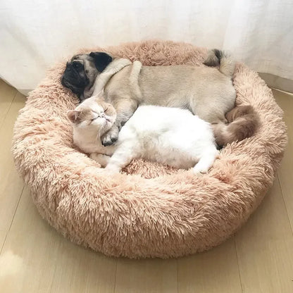 Prime Deal Zone round pet bed in six sizes, plush and soft for large dogs and cats, ideal for winter warmth and comfortable sleeping.