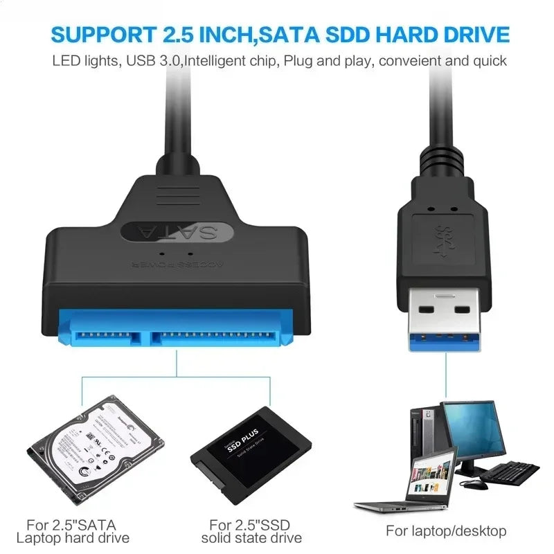 Prime Deal Zone SATA to USB 3.0 cable connecting 2.5 inch external HDD or SSD for fast data transfer, with SATA 3 and USB 3.0 connectors