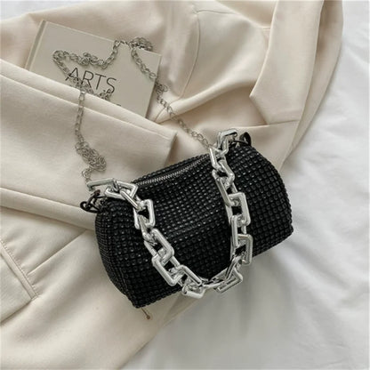 HOMEFISH allover RhiHOMEFISH nestone bucket bag with glitter chain, mini crossbody purse, stylish women's handbag in shiny material