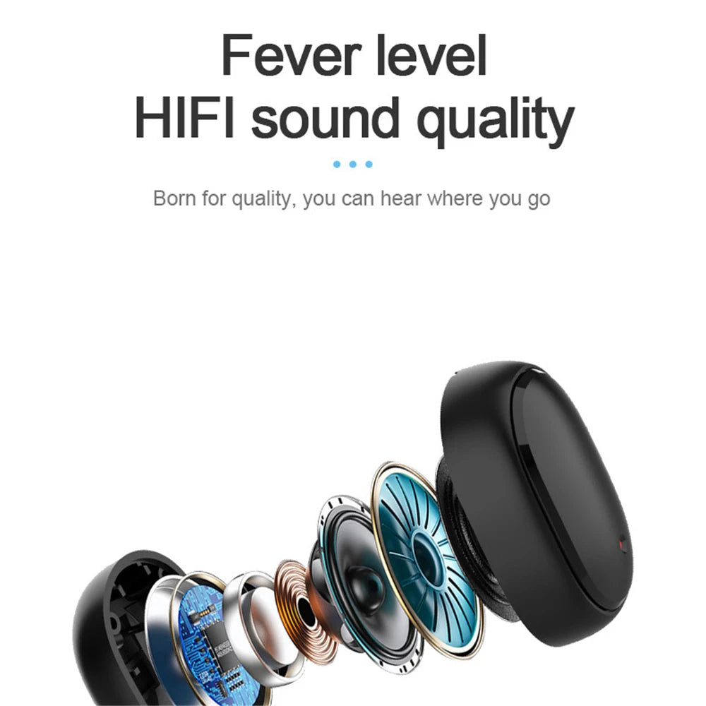 Wireless Bluetooth earphones with LED display, stereo sound, touch control, suitable for Xiaomi and Huawei devices.