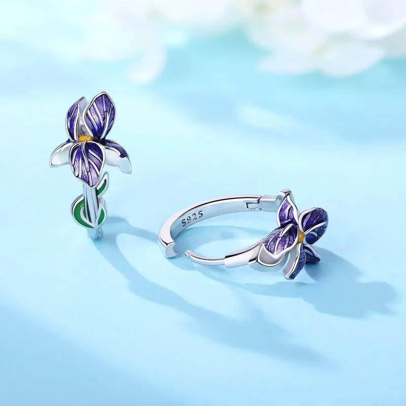 Sterling silver purple iris flower hoop earrings - view 5
