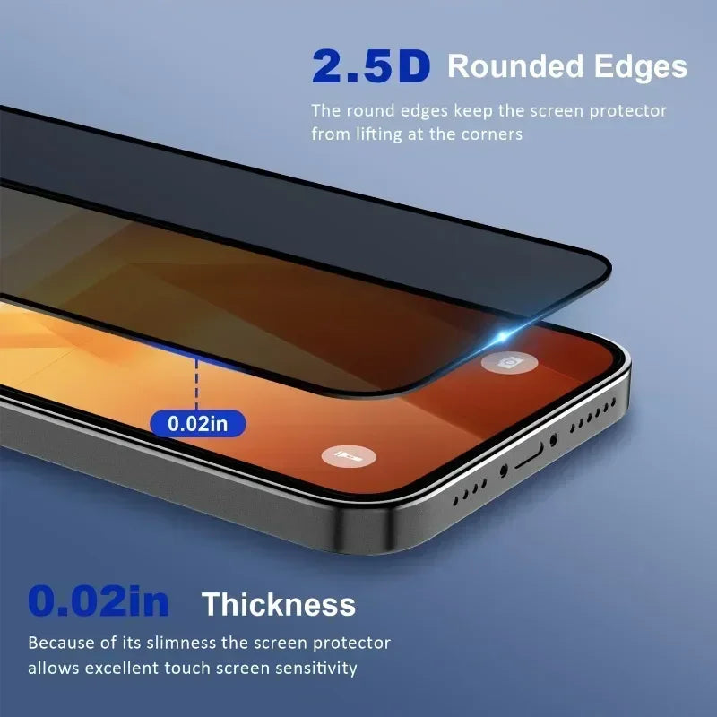 Set of 5 Prime Deal Zone anti-peep privacy tempered glass screen protectors for iPhone 12 to 17 Pro Max with spy-proof feature.