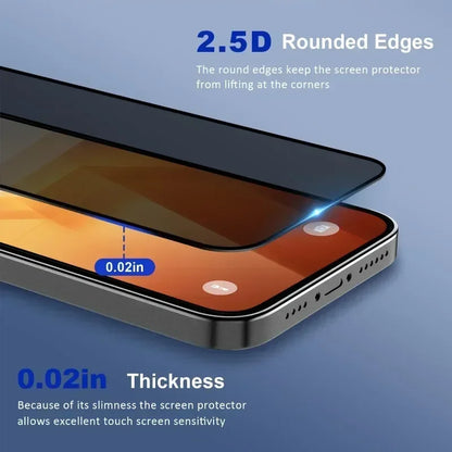 Set of 5 Prime Deal Zone anti-peep privacy tempered glass screen protectors for iPhone 12 to 17 Pro Max with spy-proof feature.