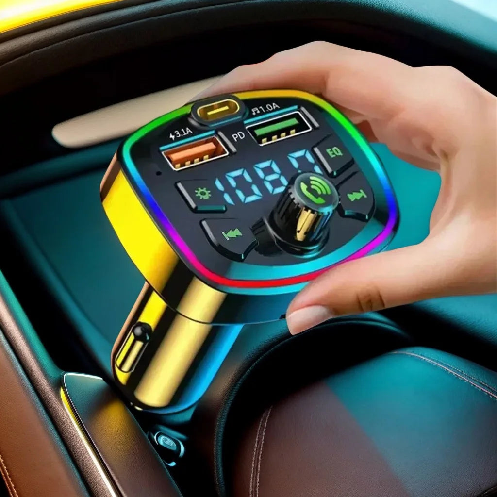 Prime Deal Zone Q7 Car Bluetooth FM Transmitter with dual USB PD charging, hands-free calling, and MP3 playback in a car.