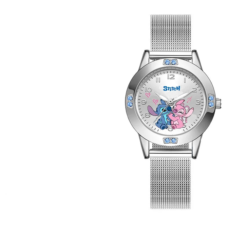 Disney Stitch girl's quartz wristwatch with cartoon Stitch design, leather strap, and steel belt, suitable for women and girls.