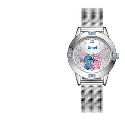 Disney Stitch girl's quartz wristwatch with cartoon Stitch design, leather strap, and steel belt, suitable for women and girls.