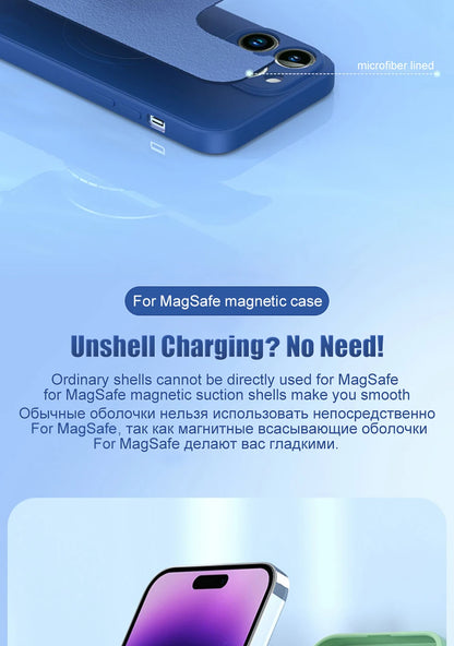 Liquid silicone MagSafe magnetic case for iPhone 12 to 15 models, featuring wireless charging compatibility and sleek design.