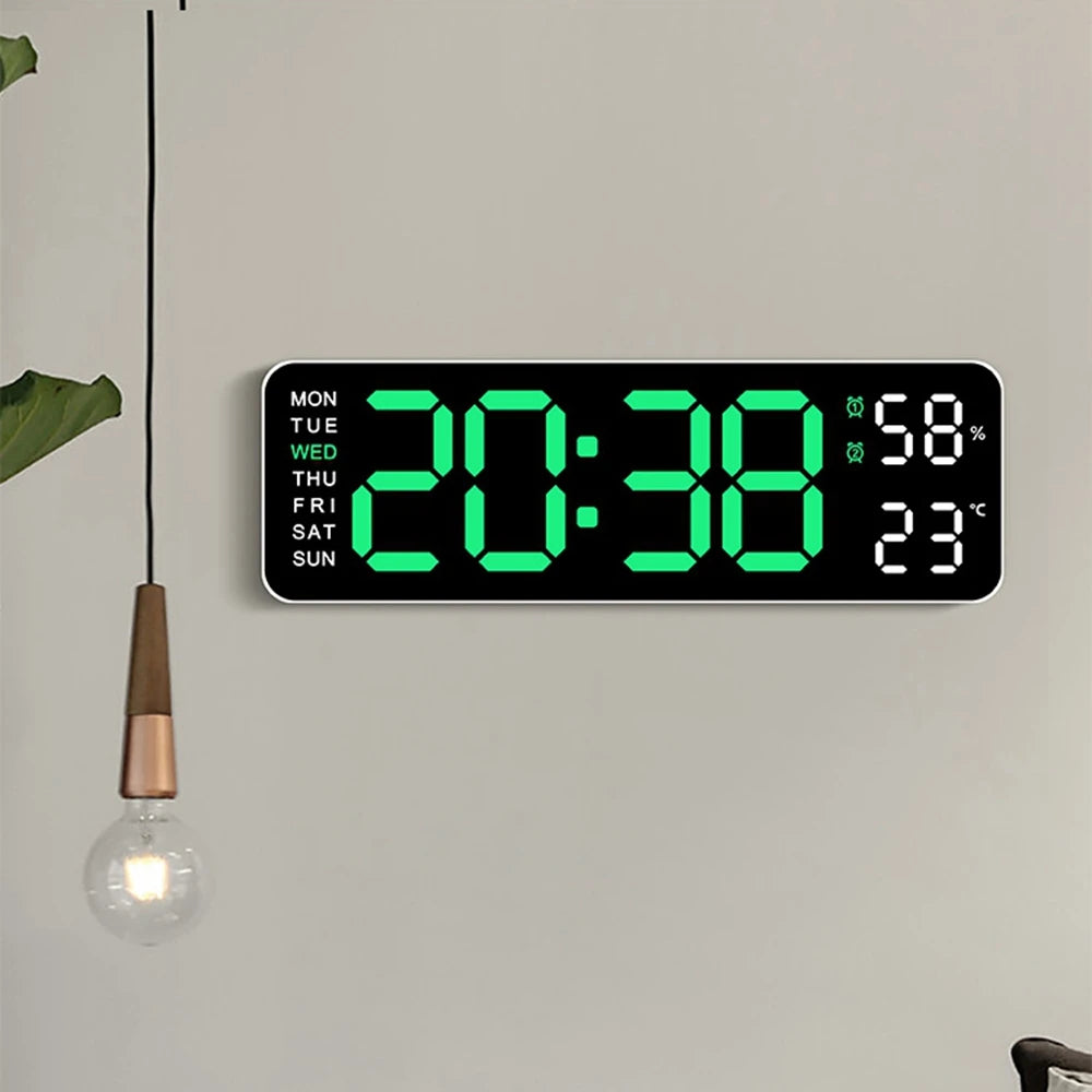 Large Prime Deal Zone digital wall clock displaying temperature, humidity, date, and time with adjustable brightness and alarm features.