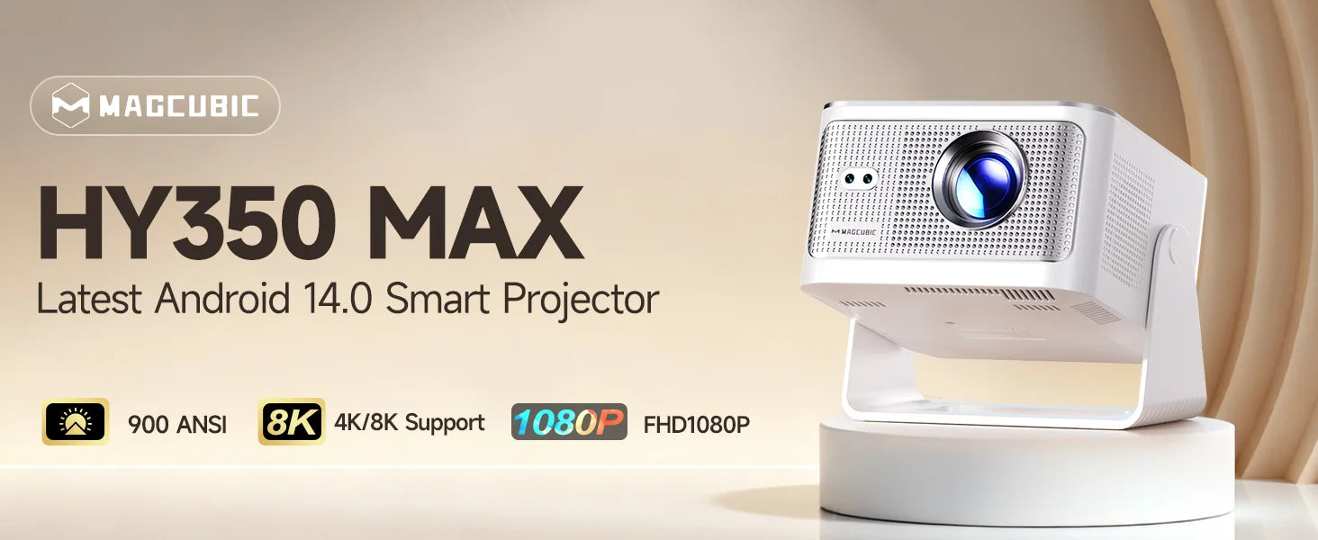 Magcubic HY300 Pro smart projector showing a vivid 8K display with dual WiFi6 and Bluetooth 5.4 connectivity.