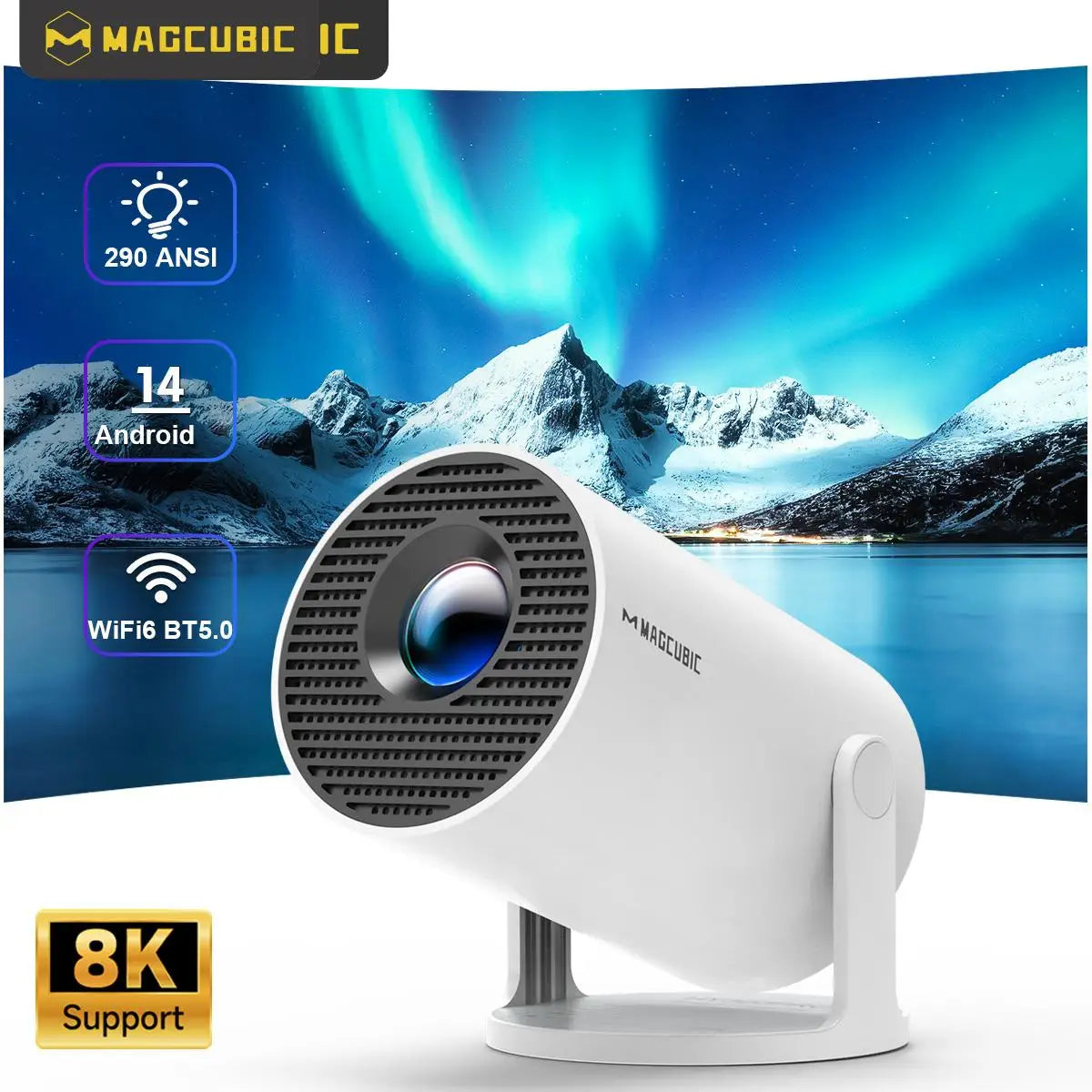 Magcubic HY300 Pro smart projector showing a vibrant 8K image with Android 14 interface and dual WiFi6 connectivity.