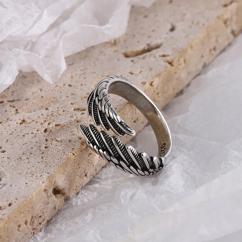 925 sterling silver angel wing and feather adjustable ring - view 4