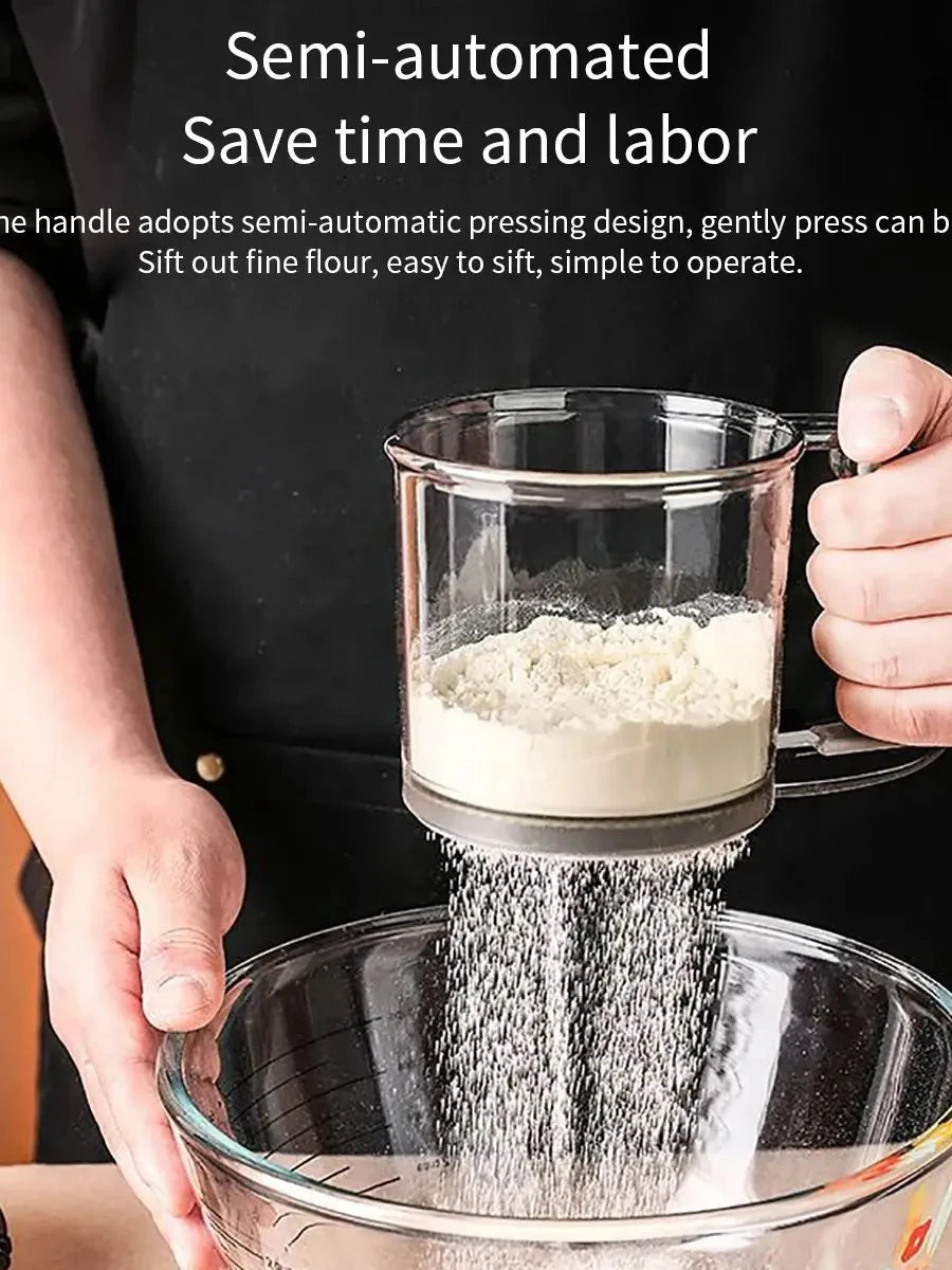 Prime Deal Zone HOMEFISH kitchen baking cake flour sieve with 40 mesh semi-automatic filter and capacity scale for precise flour sifting.
