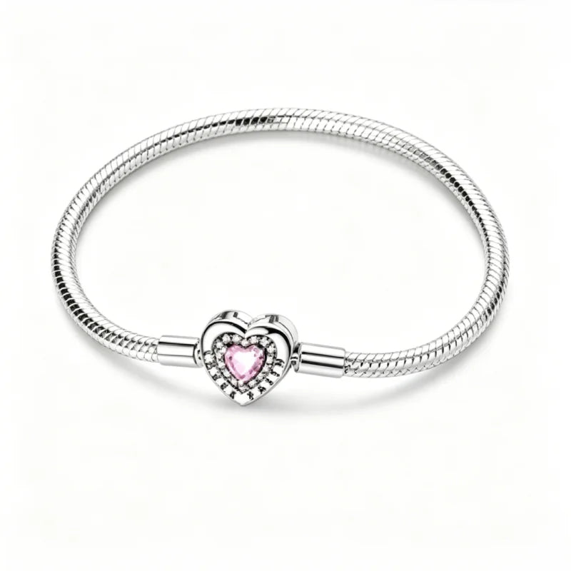925 Sterling Silver Heart Zircon Snake Chain Bracelet — Multiple Designs, 17–20cm