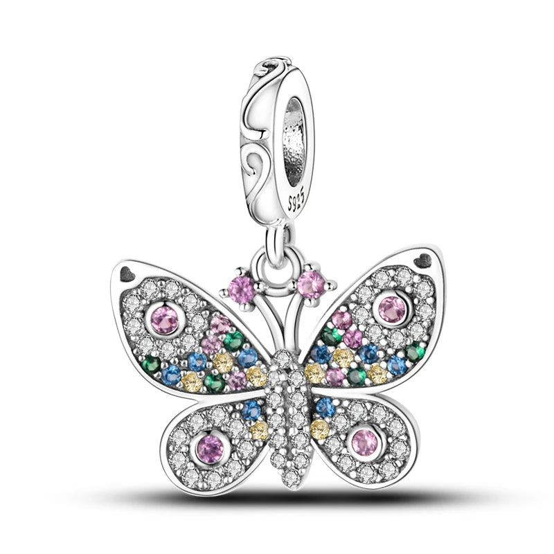 925 Silver-Plated Butterfly Charm Beads, Multicolour
